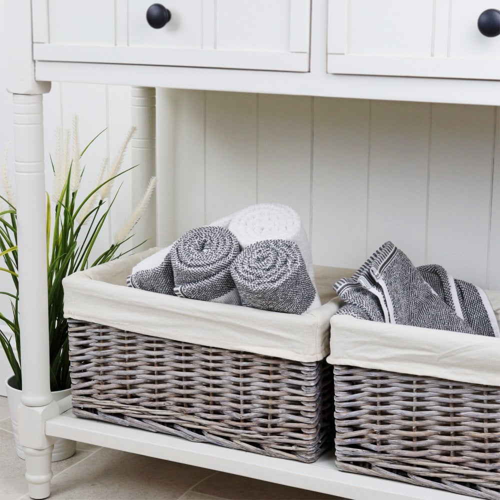 Grey Wash Wicker Lined Storage Basket – Small (33 cm × 20 cm × 17 cm)
