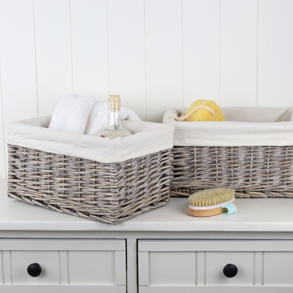 Grey Wash Wicker Lined Storage Basket – Small (33 cm × 20 cm × 17 cm)