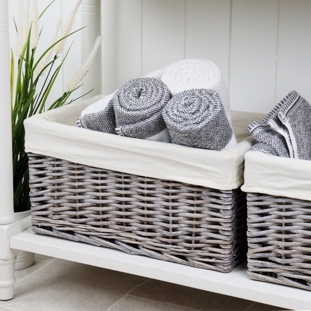 Grey Wash Wicker Lined Storage Basket – Small (33 cm × 20 cm × 17 cm)