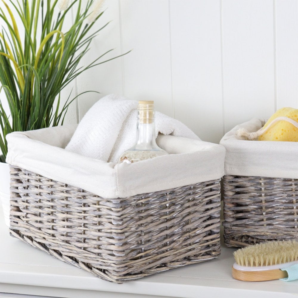 Grey Wash Wicker Lined Storage Basket – Small (33 cm × 20 cm × 17 cm)