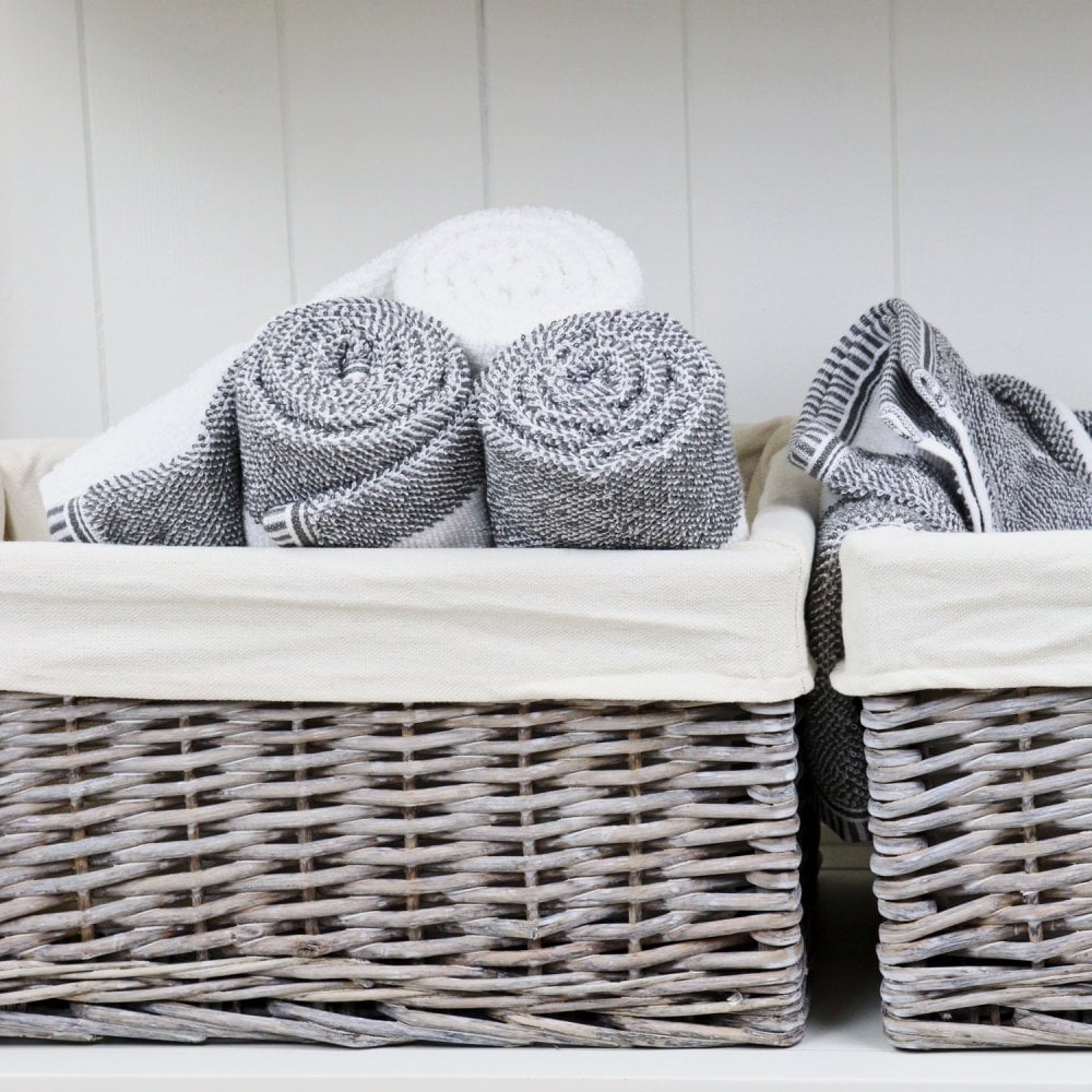 Grey Wash Wicker Lined Storage Basket – Small (33 cm × 20 cm × 17 cm)