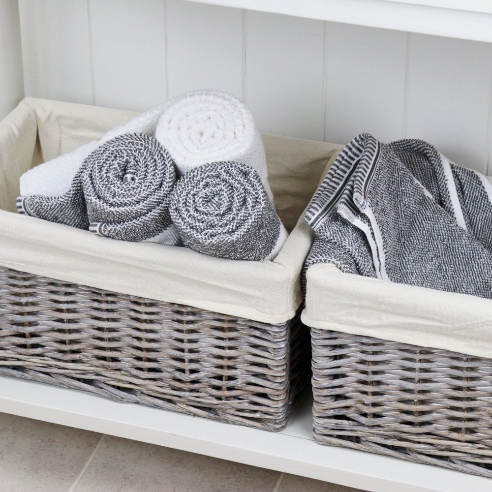 Grey Wash Wicker Lined Storage Basket – Small (33 cm × 20 cm × 17 cm)