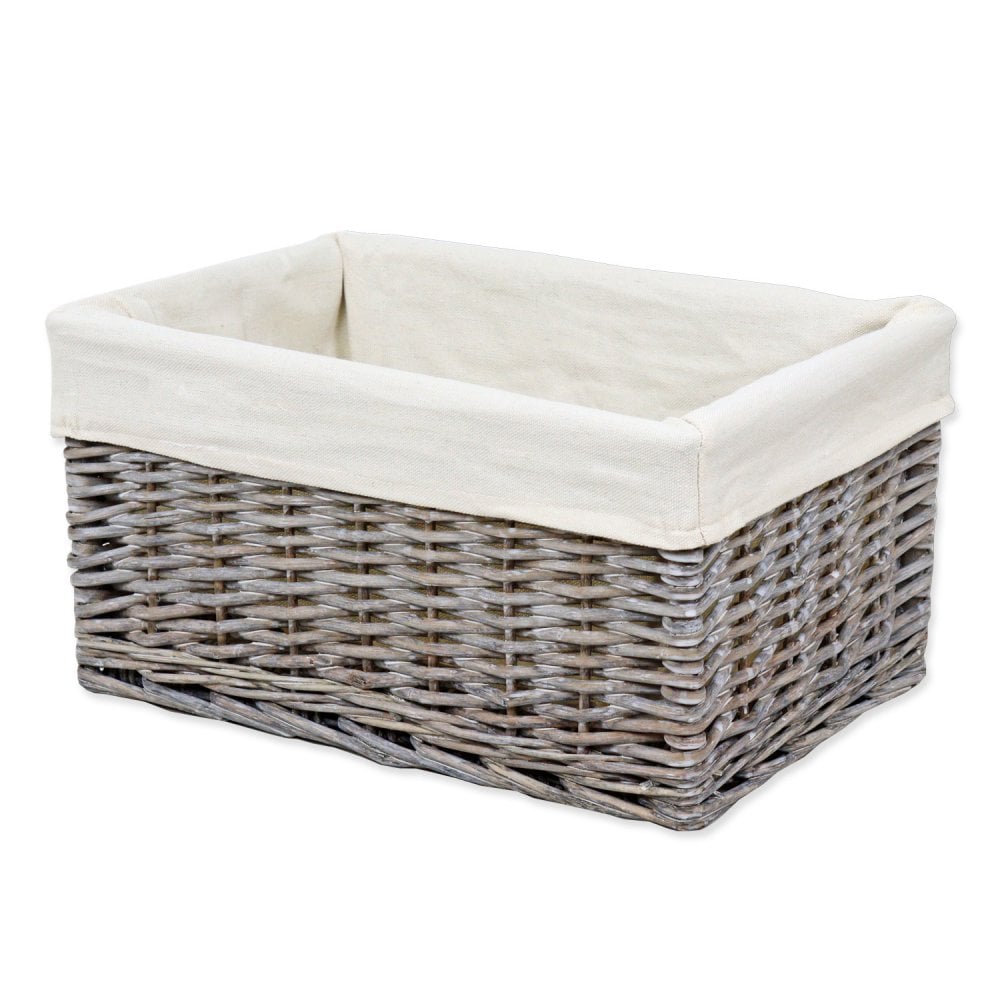Grey Wash Wicker Lined Storage Basket – Small (33 cm × 20 cm × 17 cm)