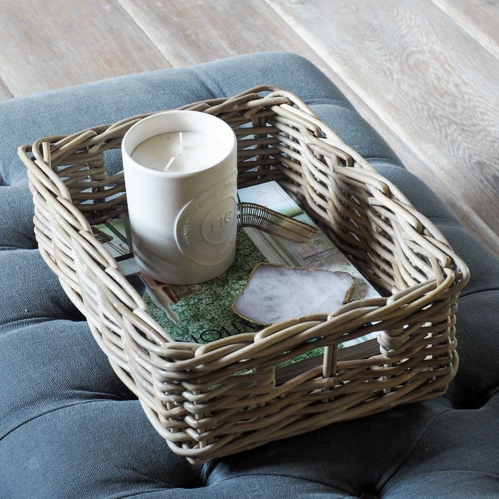 Rectangular Grey & Buff Rattan Wicker Storage Baskets