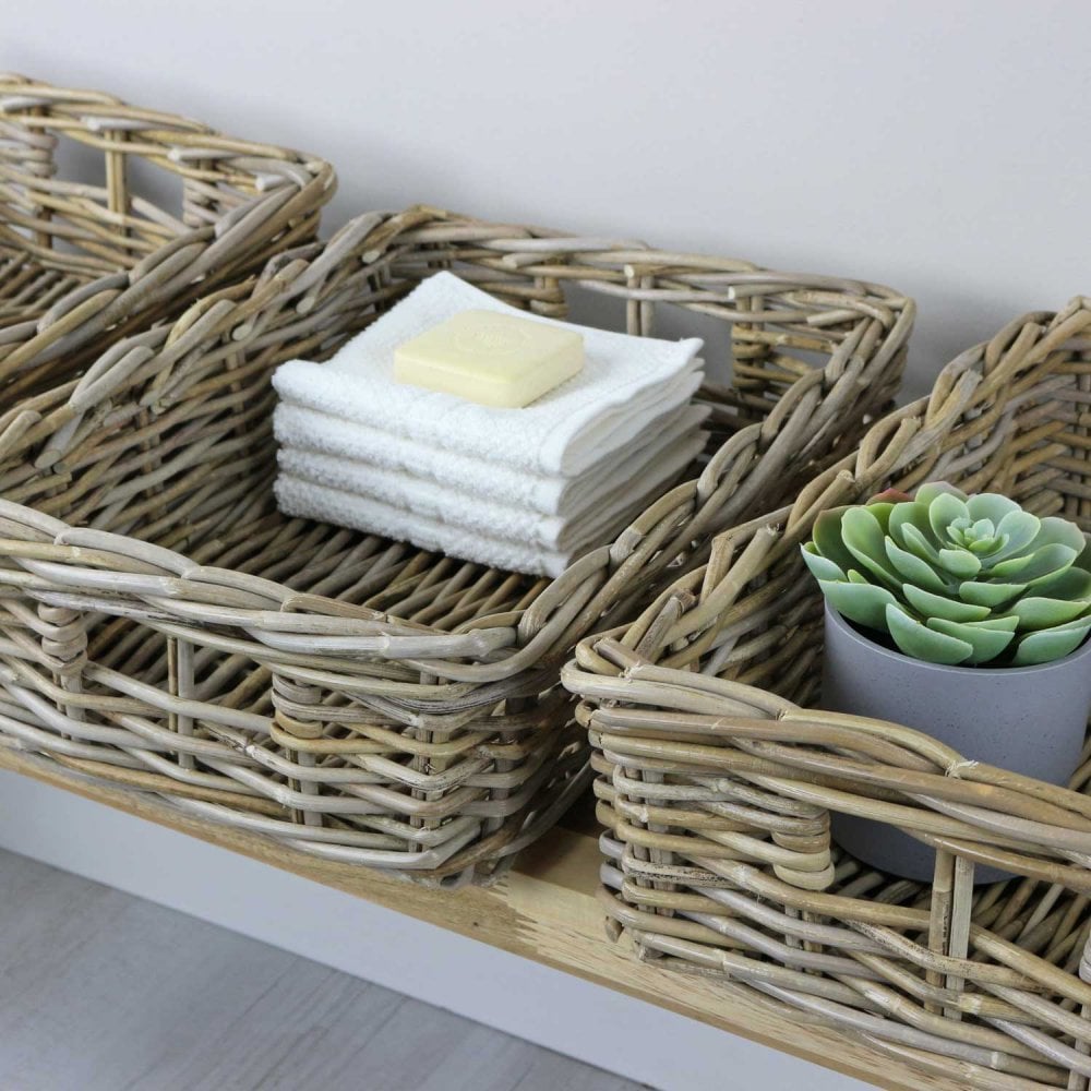 Rectangular Grey & Buff Rattan Wicker Storage Baskets