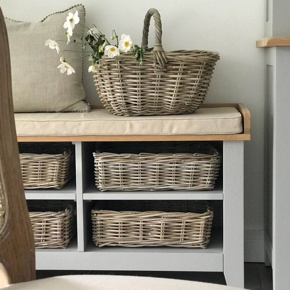 Rectangular Grey & Buff Rattan Wicker Storage Baskets