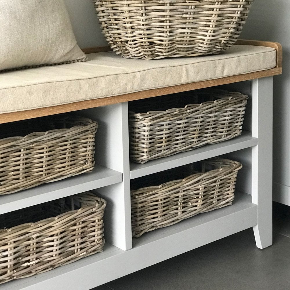 Rectangular Grey & Buff Rattan Wicker Storage Baskets