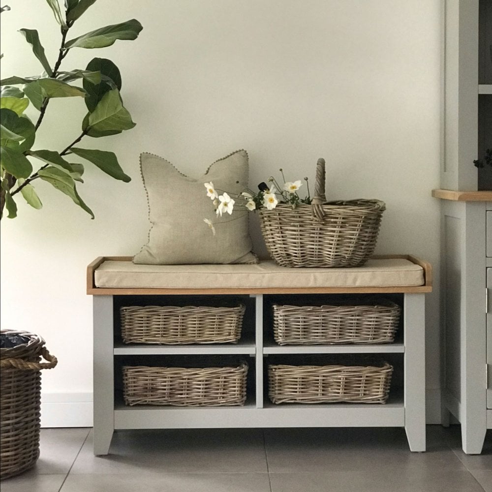 Rectangular Grey & Buff Rattan Wicker Storage Baskets