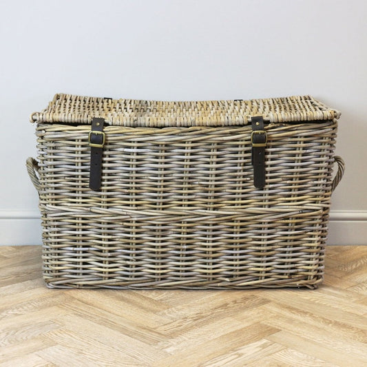 Grey & Buff Rattan Wicker Storage Trunk with Straps